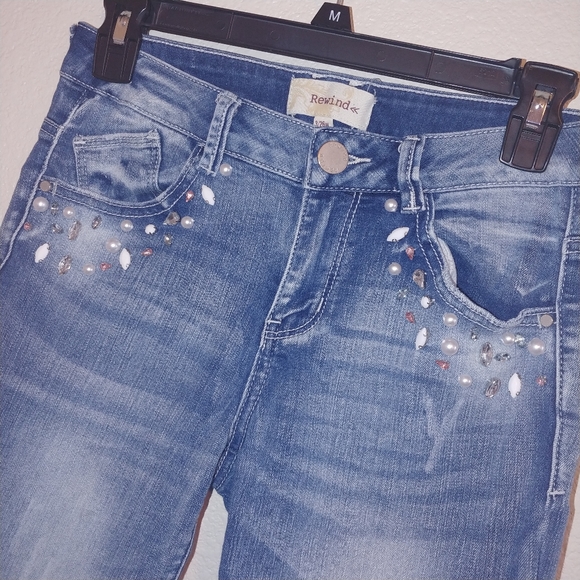 Rewind studded pearl embellishment raw hem jeans - Picture 2 of 8
